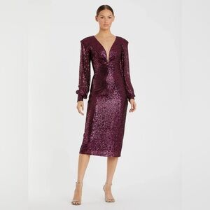 Mac Duggal Purple Sequined Structured Bishop Sleeve Midi Dress